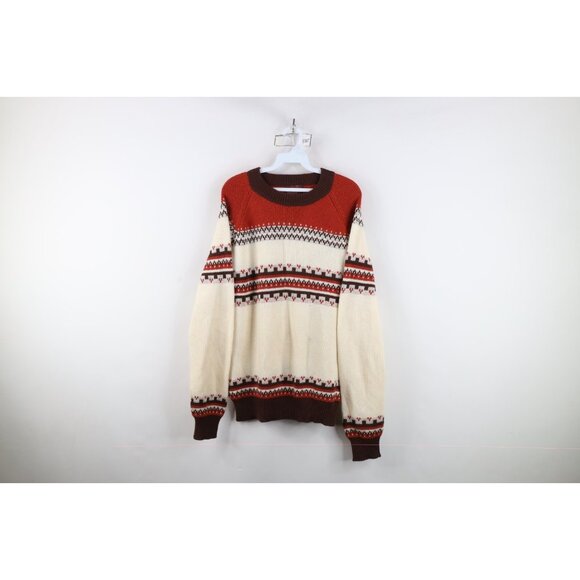 Vintage 60s 70s Mid Century Modern MCM Mens XL Fair Isle Knit Sweater Earth Tone